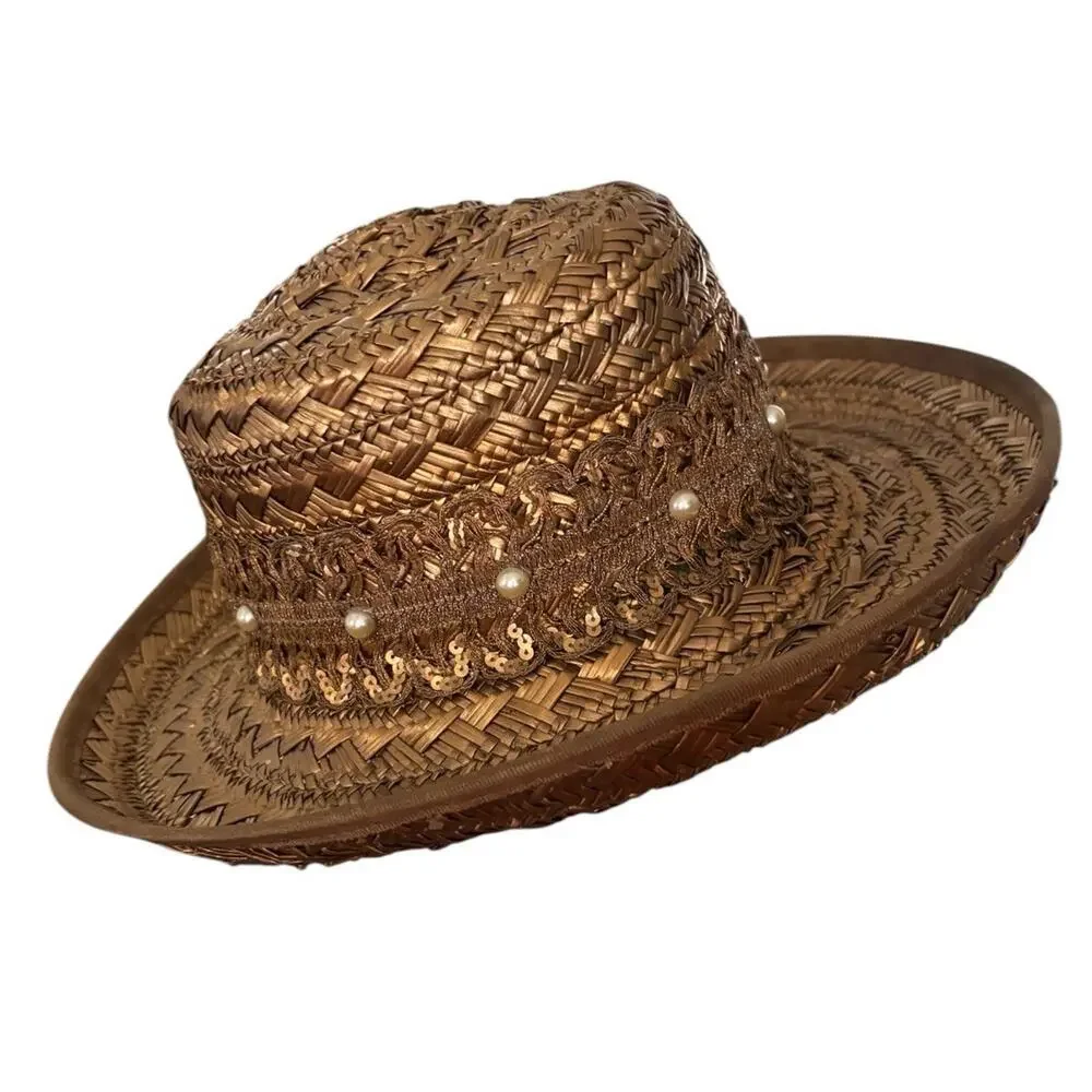 Eric Javits Hat Gold Bronze Straw Boat Beach Statement Spring Pearl Accent - Picture 7 of 9